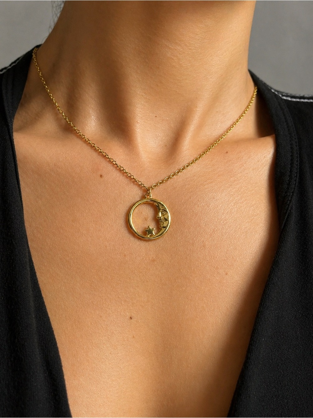 Gold Moon & Star Pendant Necklace - Women Jewelry